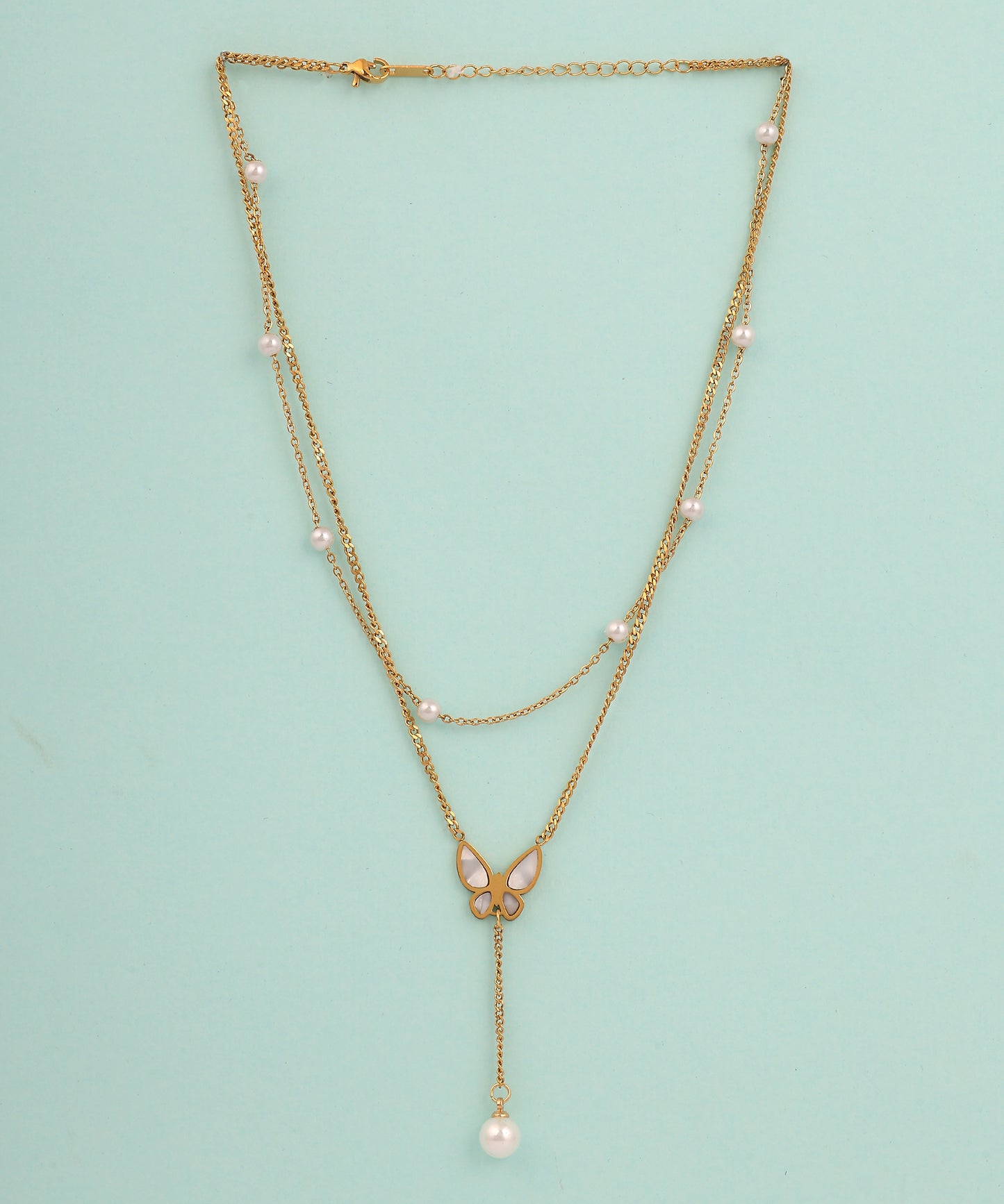 Butterfly And Pearl Layered Anti Tarnish Chain/Necklace