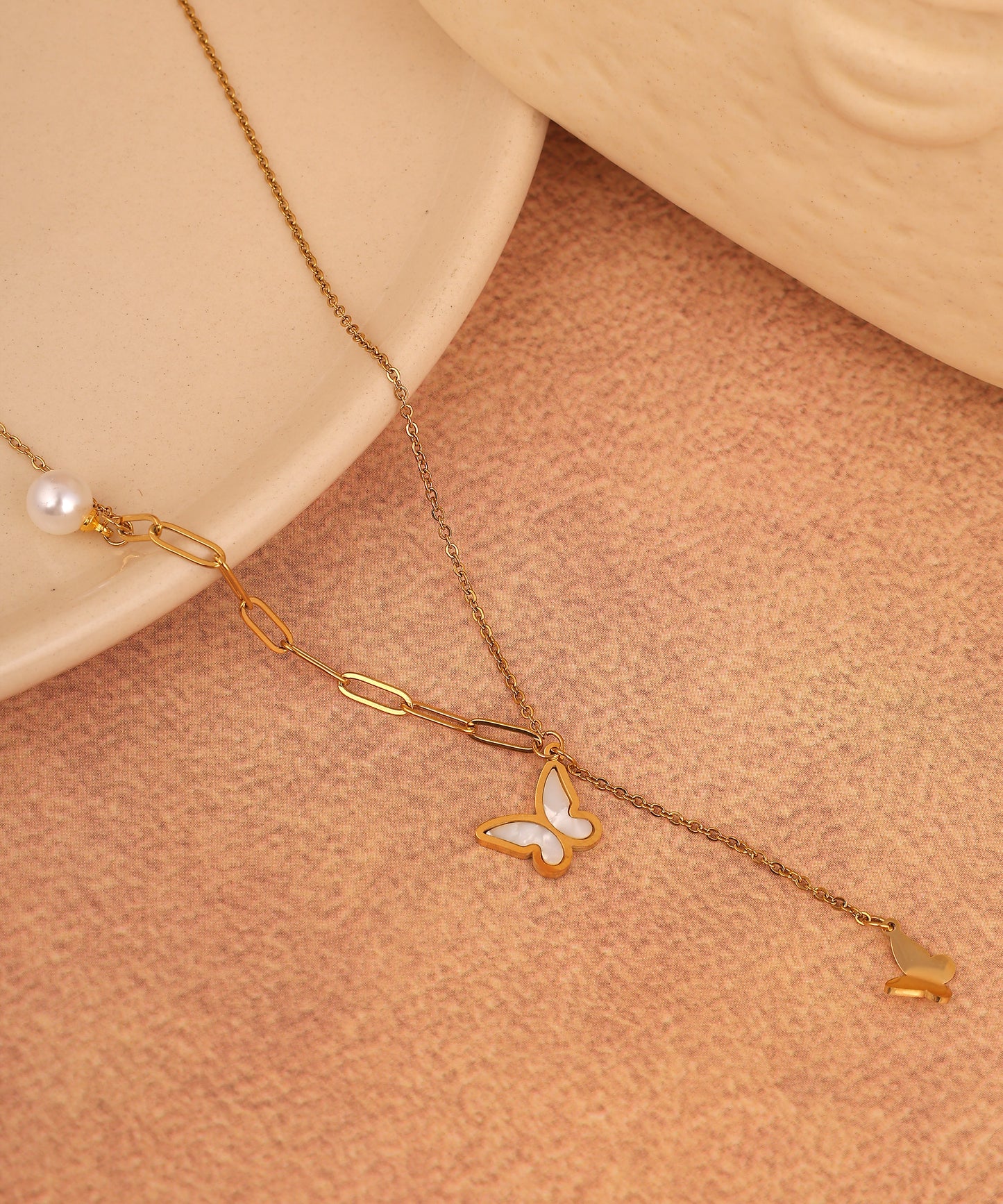Butterfly And Pearl Drop Anti Tarnish Chain/Necklace