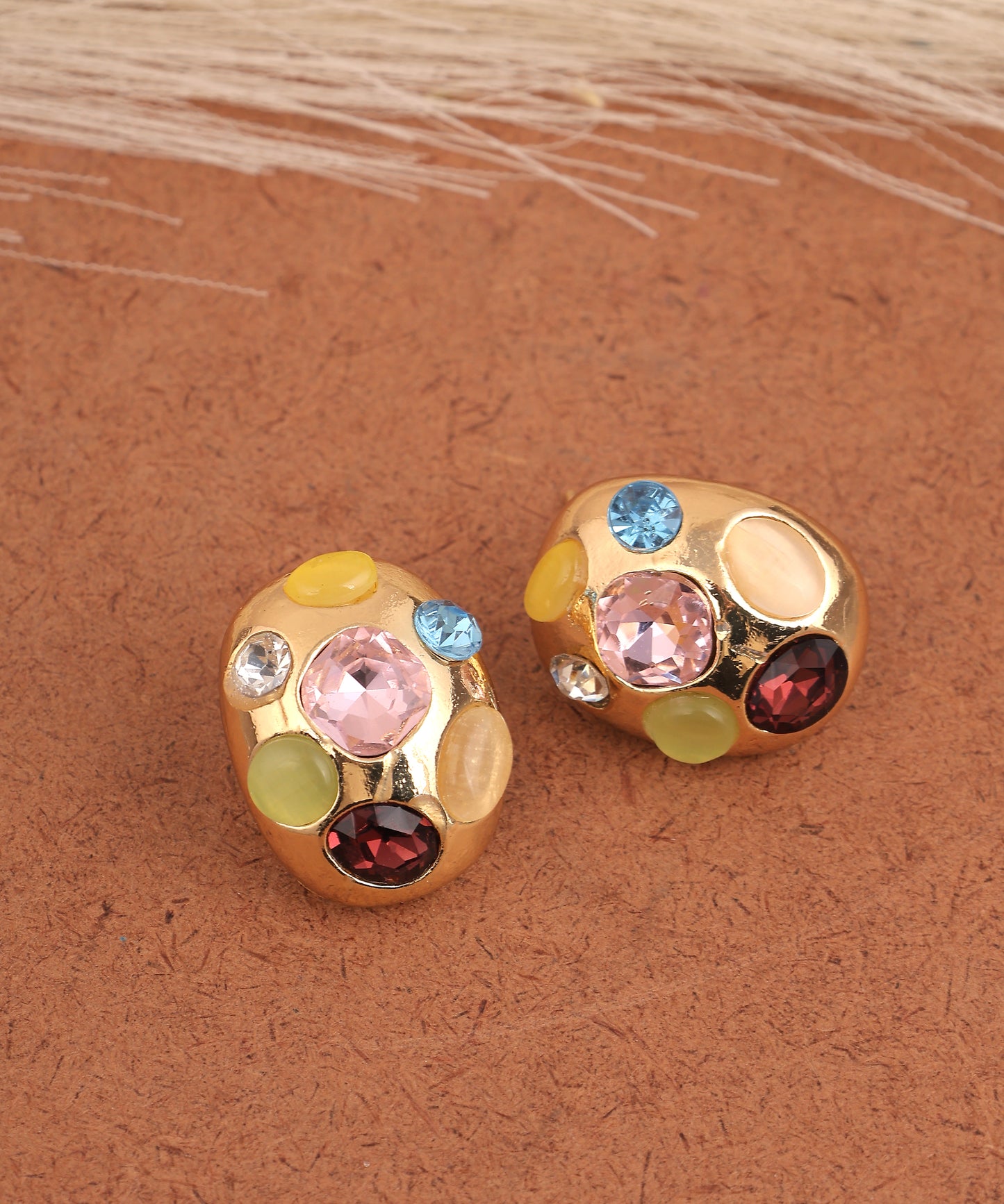 Multicoloured Stone Studded Oval Anti Tarnish Studs/Earrings