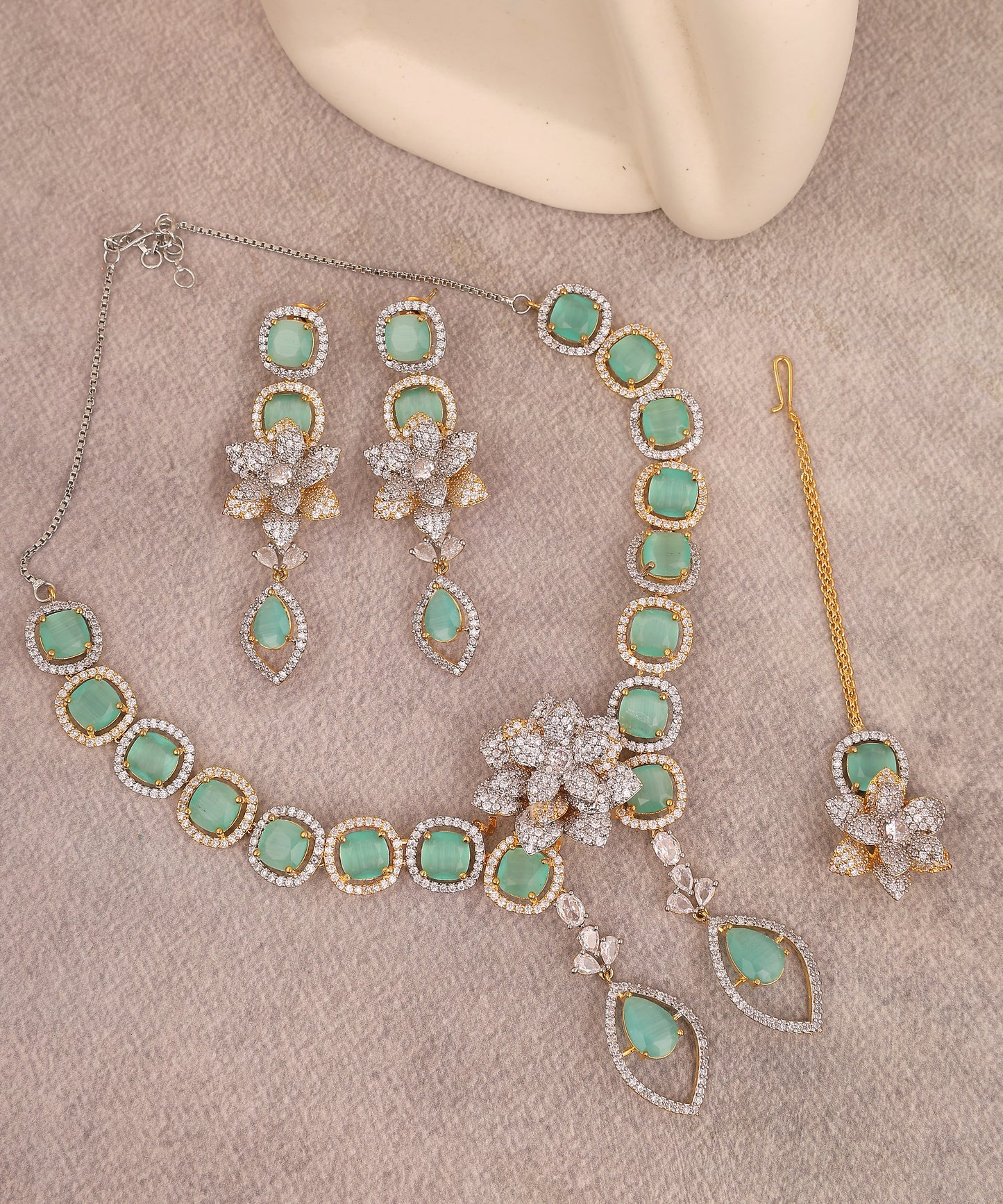 Designer Flower Embellised Double Drop Sea Green Artificial Diamond Necklace