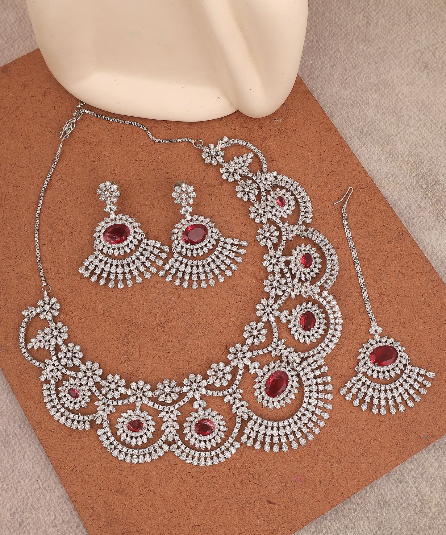Ruby Designer Artificial Diamond Necklace Set With Maangtikka