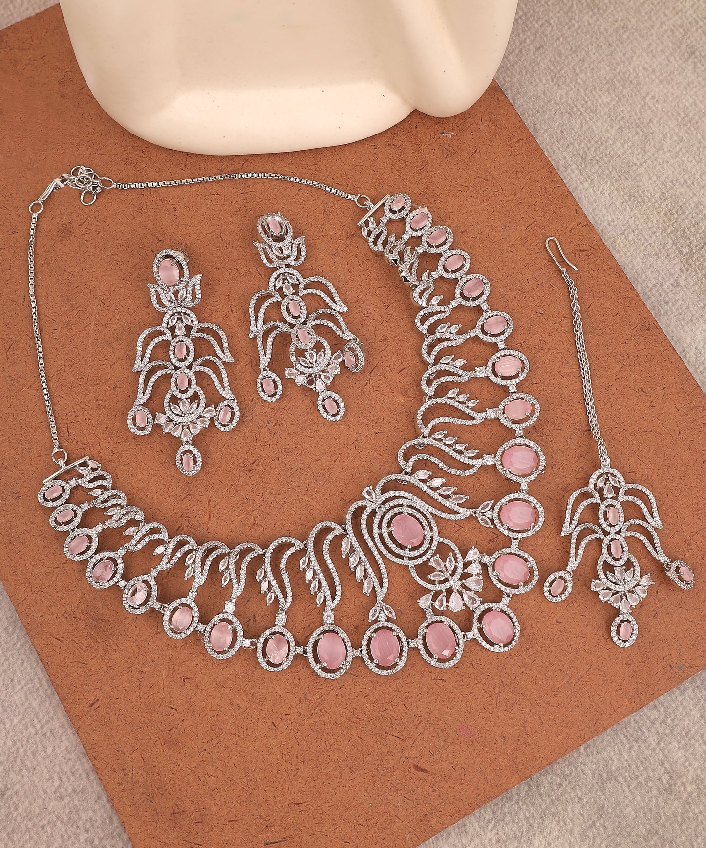 Baby Pink Designer Artificial Diamond Necklace Set With Maangtikka