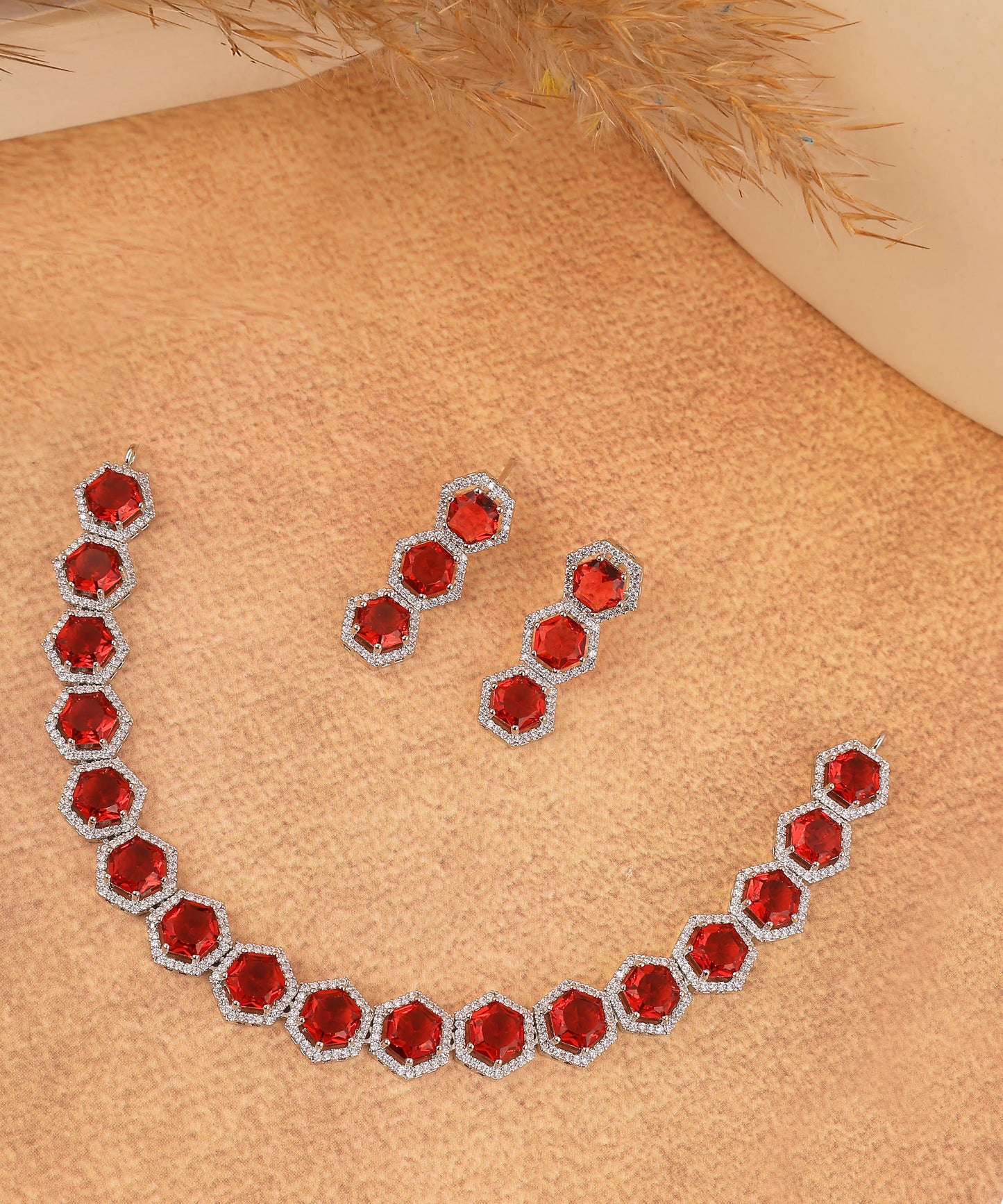 Geometrical Patterned Ruby Stones And Crystal Studded Necklace
