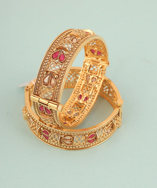 Gold plated Kundan bangles with Pink stone