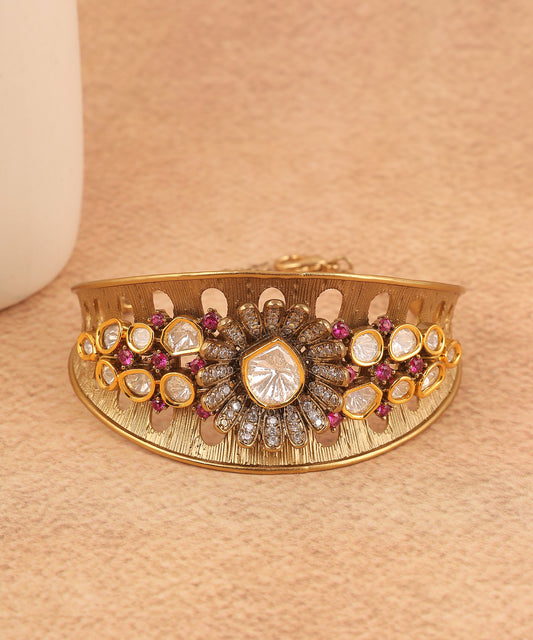 Brass Polki And Pink Stones Floral Bracelet