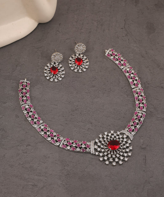 Pink And Ruby Crystal Studded Artificial Diamond Necklace Set