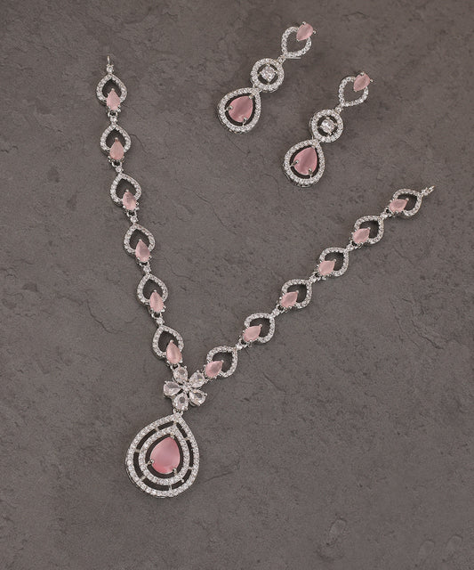 Baby Pink Leaf Patterned Artificial Diamond Necklace Set