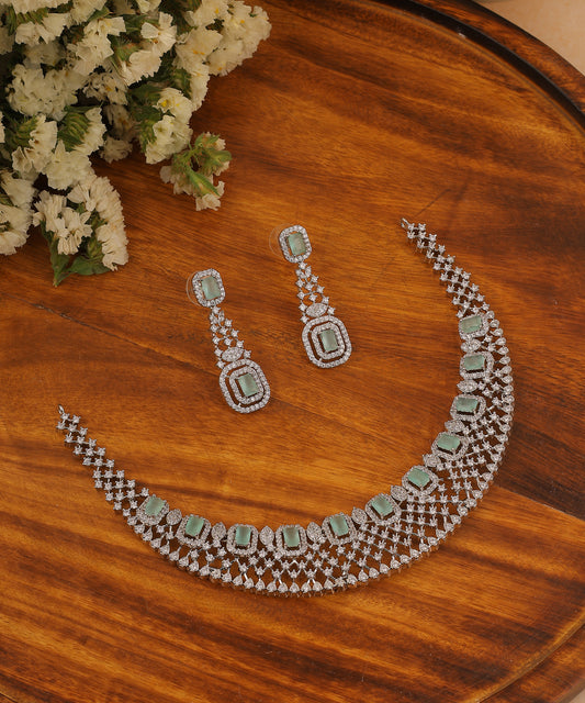 Sea Green Mesh Artificial Diamond Necklace Set