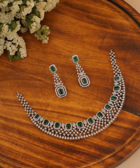Emerald Green Mesh Artificial Diamond Necklace Set