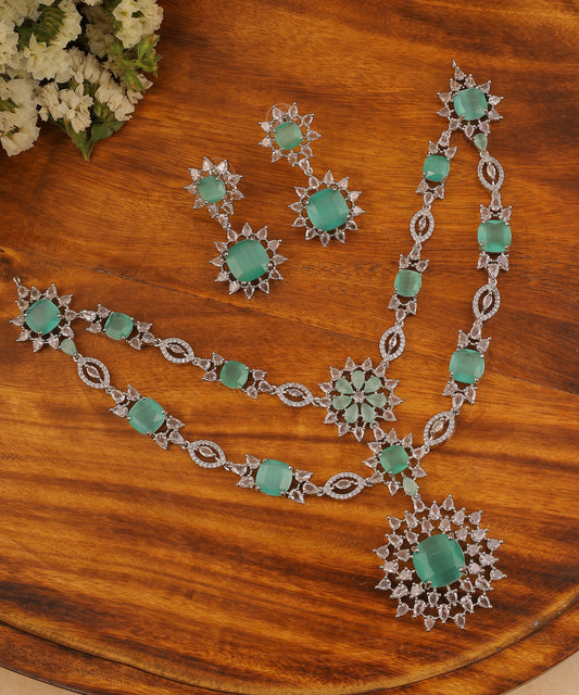 Sea Green Double Layered Floral Artificial Diamond Necklace Set