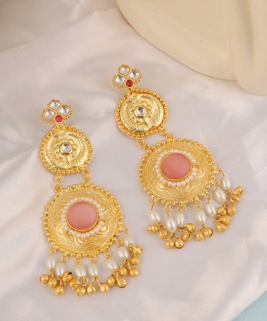Pink Kundan And Pearl Long Earrings
