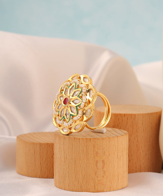 Kundan And Pearl Meenakari Large Ring