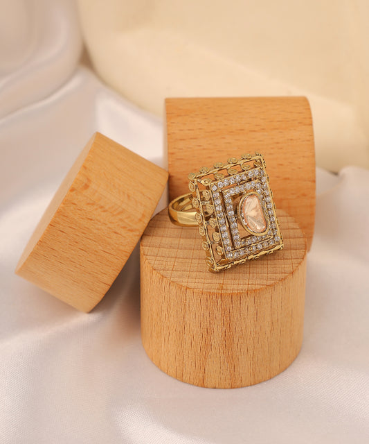 Oxidised Gold Polki Studded Ring