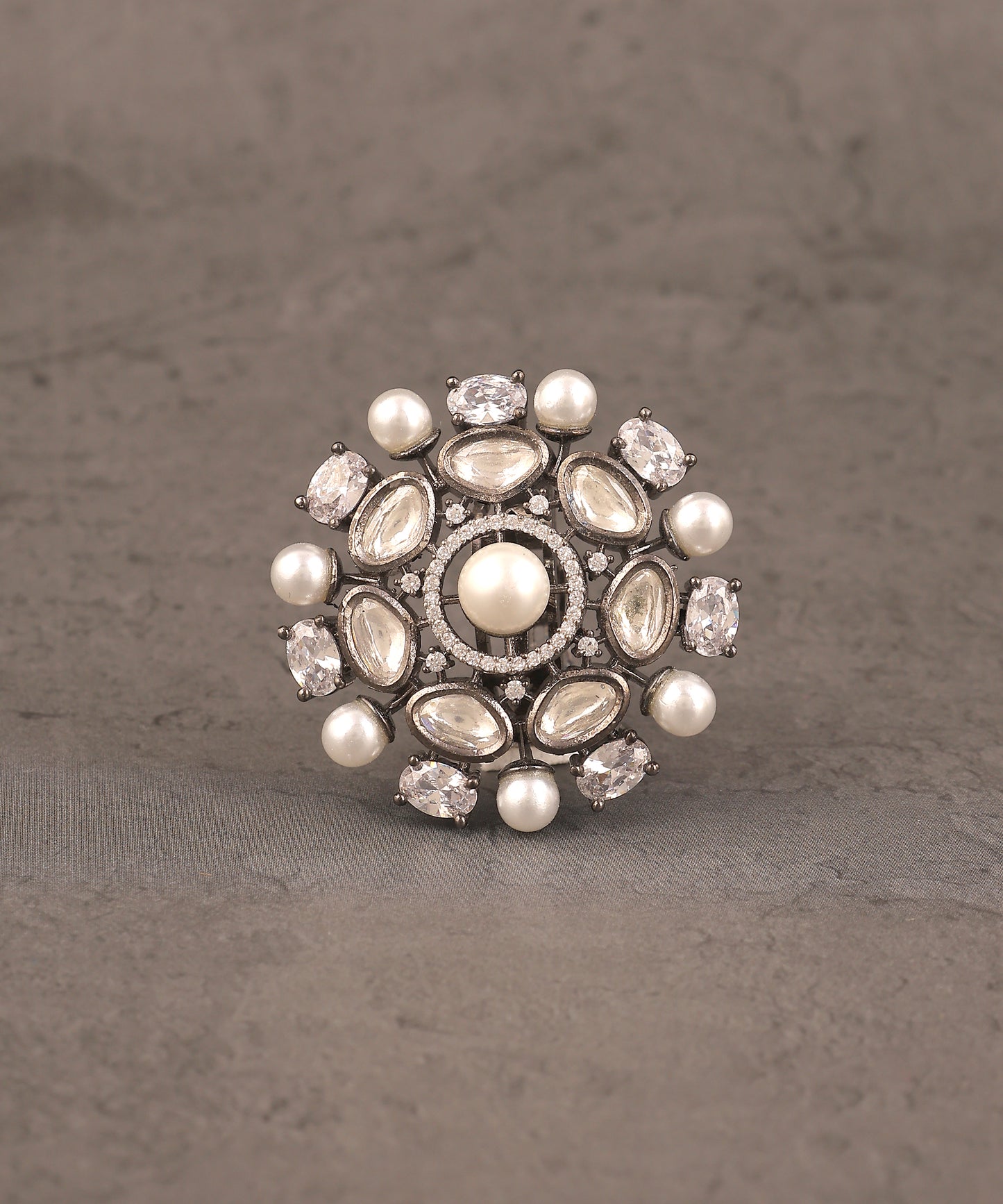 Oxidised Silver Crystal And Pearl Ring