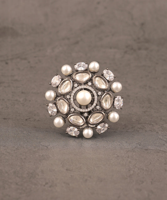 Oxidised Silver Crystal And Pearl Ring