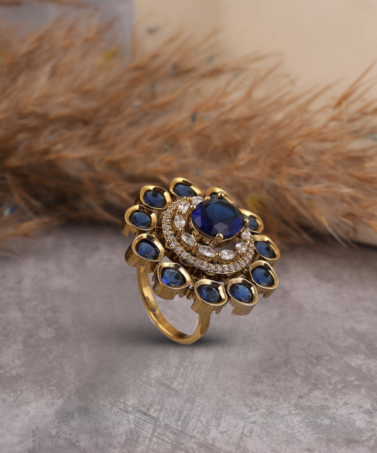 Oxidised Gold Polki Studded Ring