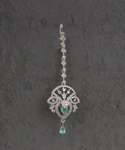 Artificial Diamond Maangtikka With Sea Green Drop