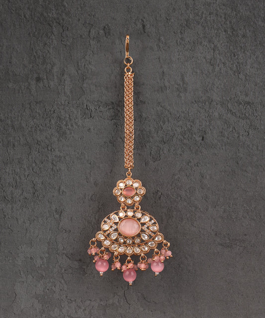 Polki Maangtikka With Baby Pink Drops