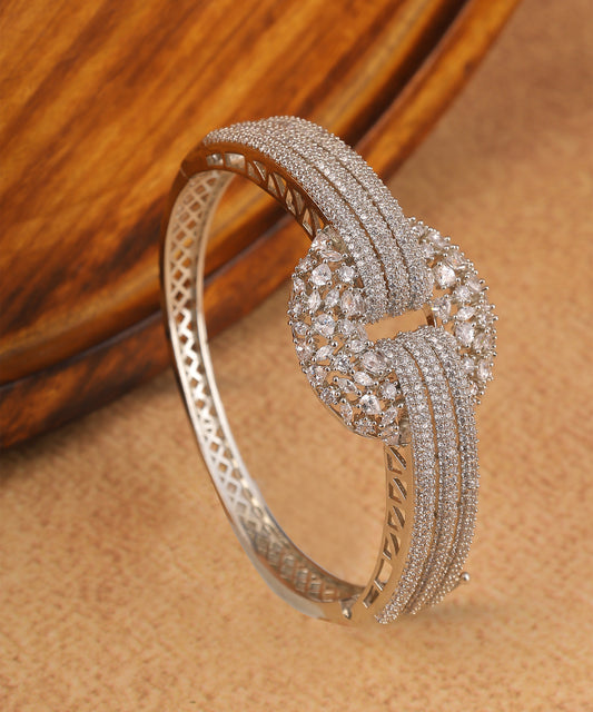 Designer Nano Stones And Crystal Studded Silver Toned Bracelet