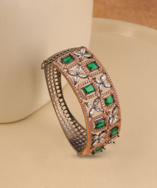 Emerald And Crystal Embellished Metal Bracelet With Rose Gold Finish