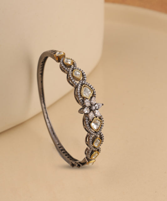 Polki And Crystal Embellished Bracelet In Oxidised Gold Plating