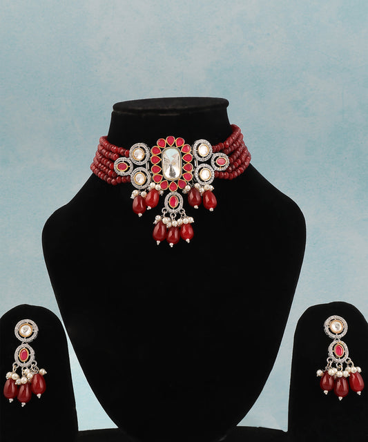Ruby Beaded Necklace With Polki Centre