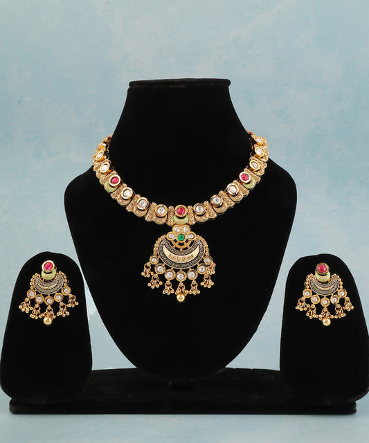 Meenal Temple Necklace Featuring Polki And Coloured Stones