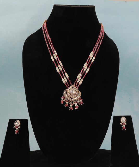 Chandrika Long Necklace Featuring Polki Pendant And Pink And White Stone Beaded Strings