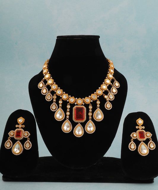 Gulmohar Waterfall Necklace Featuring Ruby Stones And Polki Drops