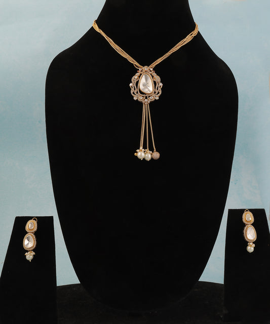 Big Moissanite Polki Pendant Chain Necklace With Pearl Drops