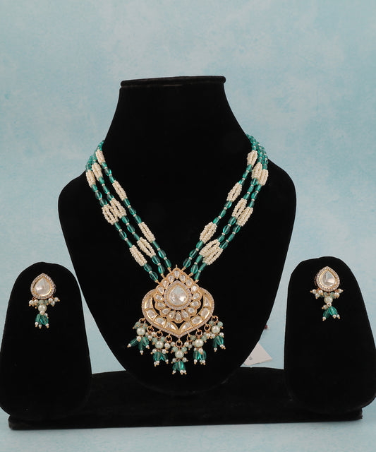 Chandrika Long Necklace Featuring Polki Pendant And Sea Green And White Stone Beaded Strings
