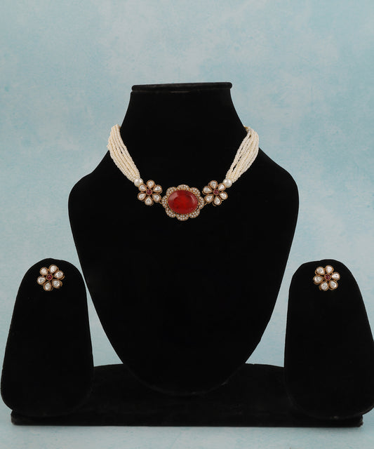 Ruby Flower Choker With Pearl Strings