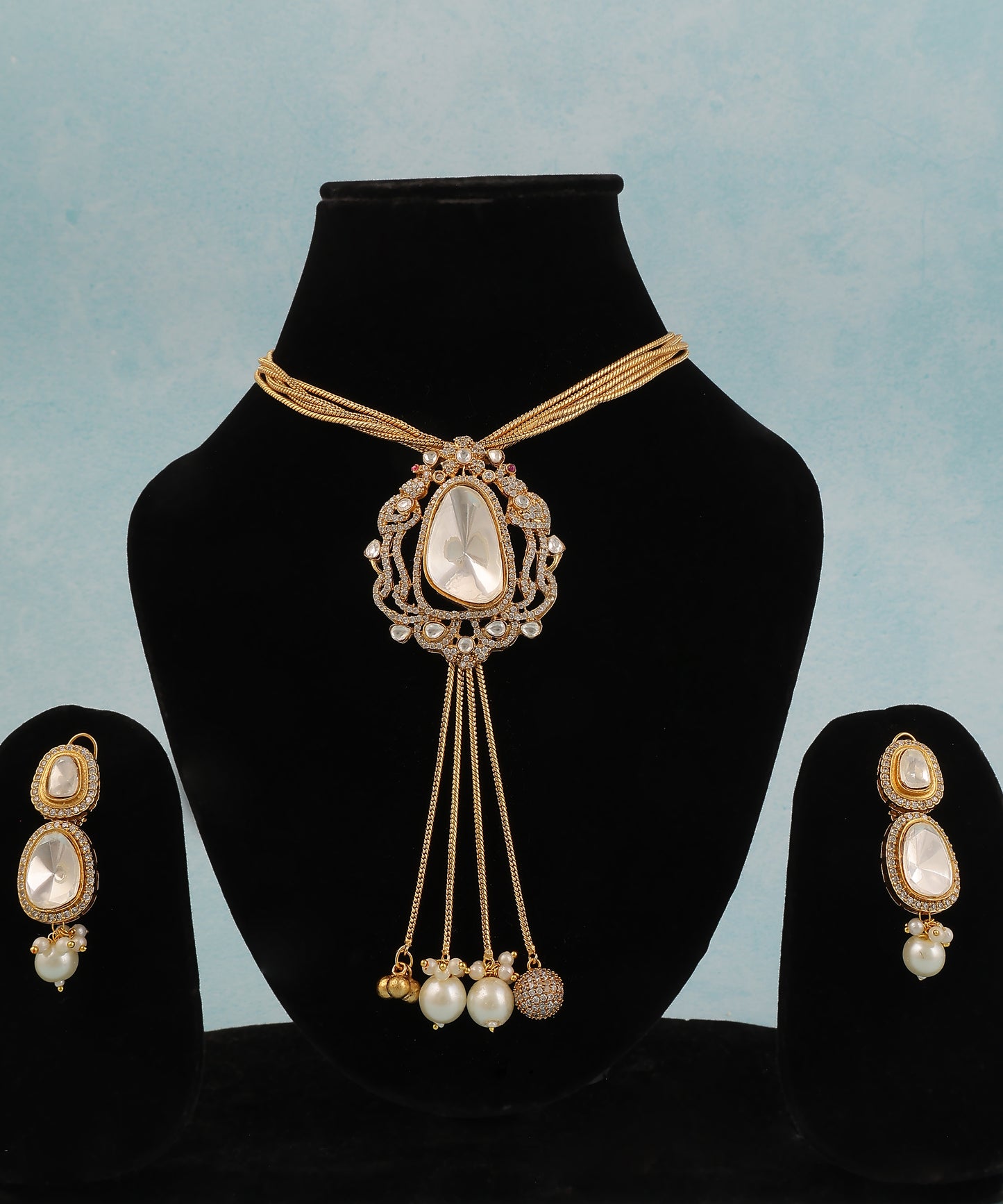 Big Moissanite Polki Pendant Chain Necklace With Pearl Drops