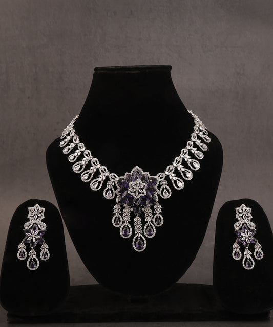 Statement Purple Flower Studded Artificial Diamond Necklace