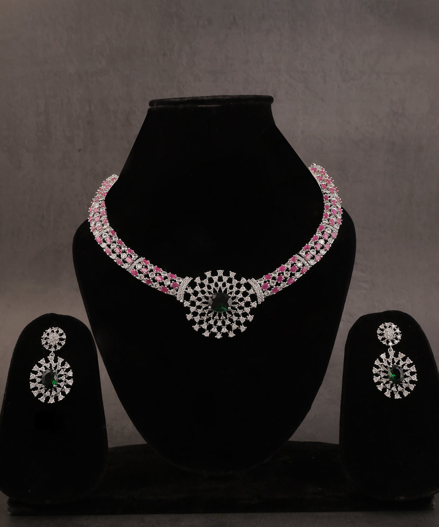 Pink Stones And Emerald Studded Artificial Diamond Necklace
