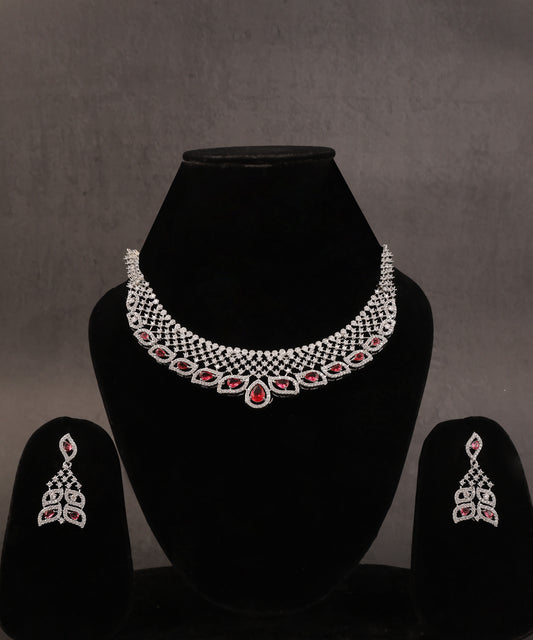 Netted Patterned Ruby Stone Studded Artificial Diamond Necklace