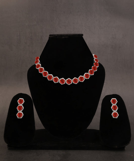Geometrical Patterned Ruby Stones And Crystal Studded Necklace