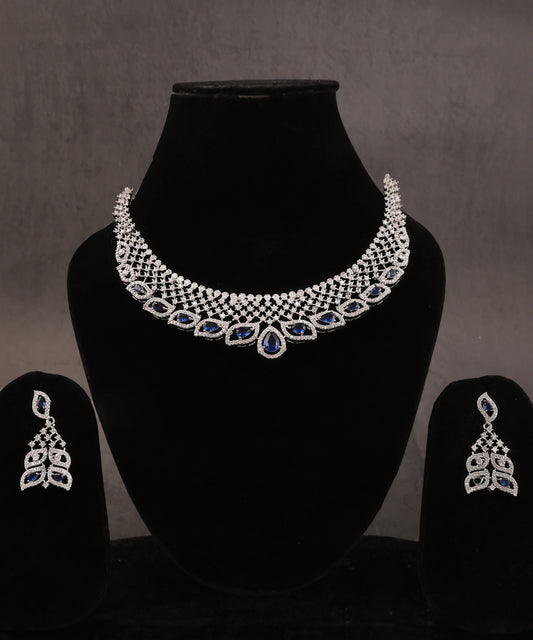 Netted Patterned Sapphire Stone Studded Artificial Diamond Necklace