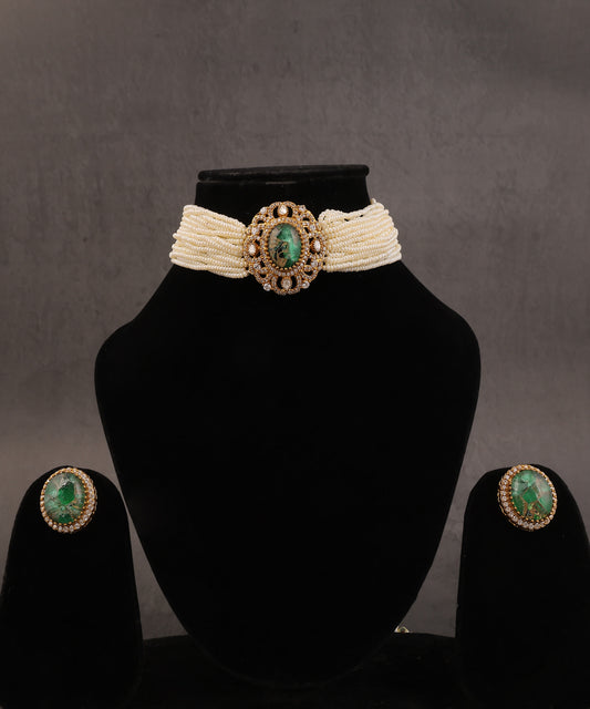 Doublet Green Stone Studded Pearl Choker