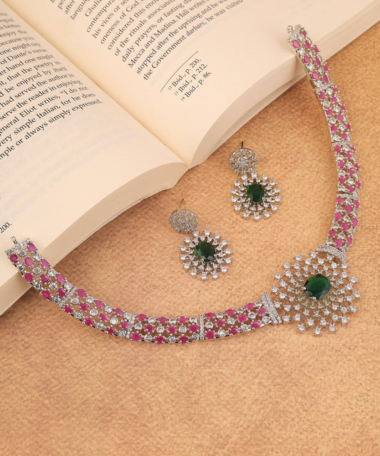 Pink Stones And Emerald Studded Artificial Diamond Necklace