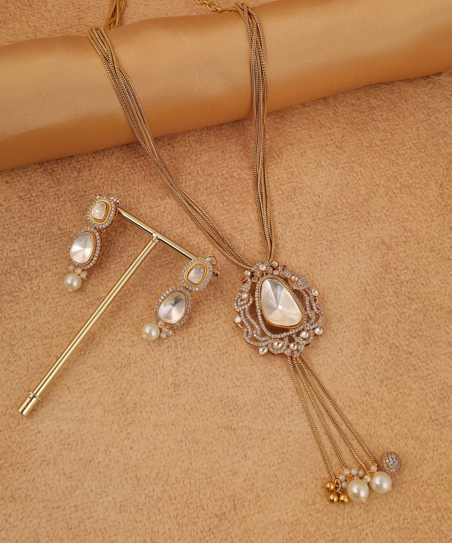 Big Moissanite Polki Pendant Chain Necklace With Pearl Drops