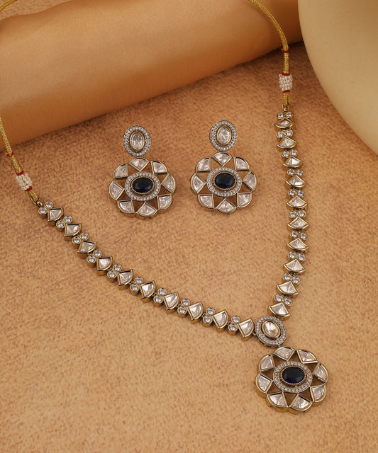 Oxidised Polki And Sapphire Stone Studded Necklace