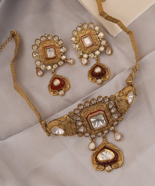 22K Gold Plated Antique Choker With Polki Stones