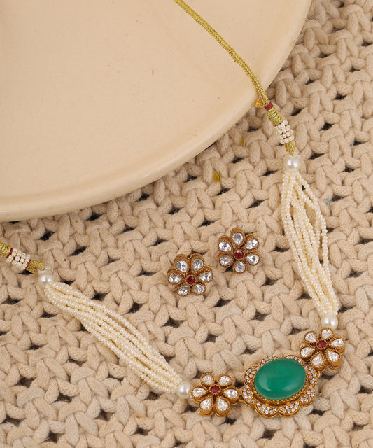 Flower Choker/Necklace With Centre Teal Stone