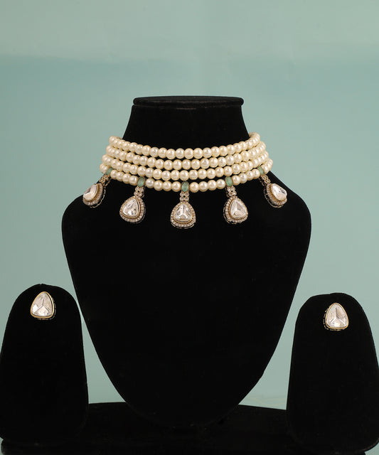 Multilayered Pearl Choker With Polki Drops