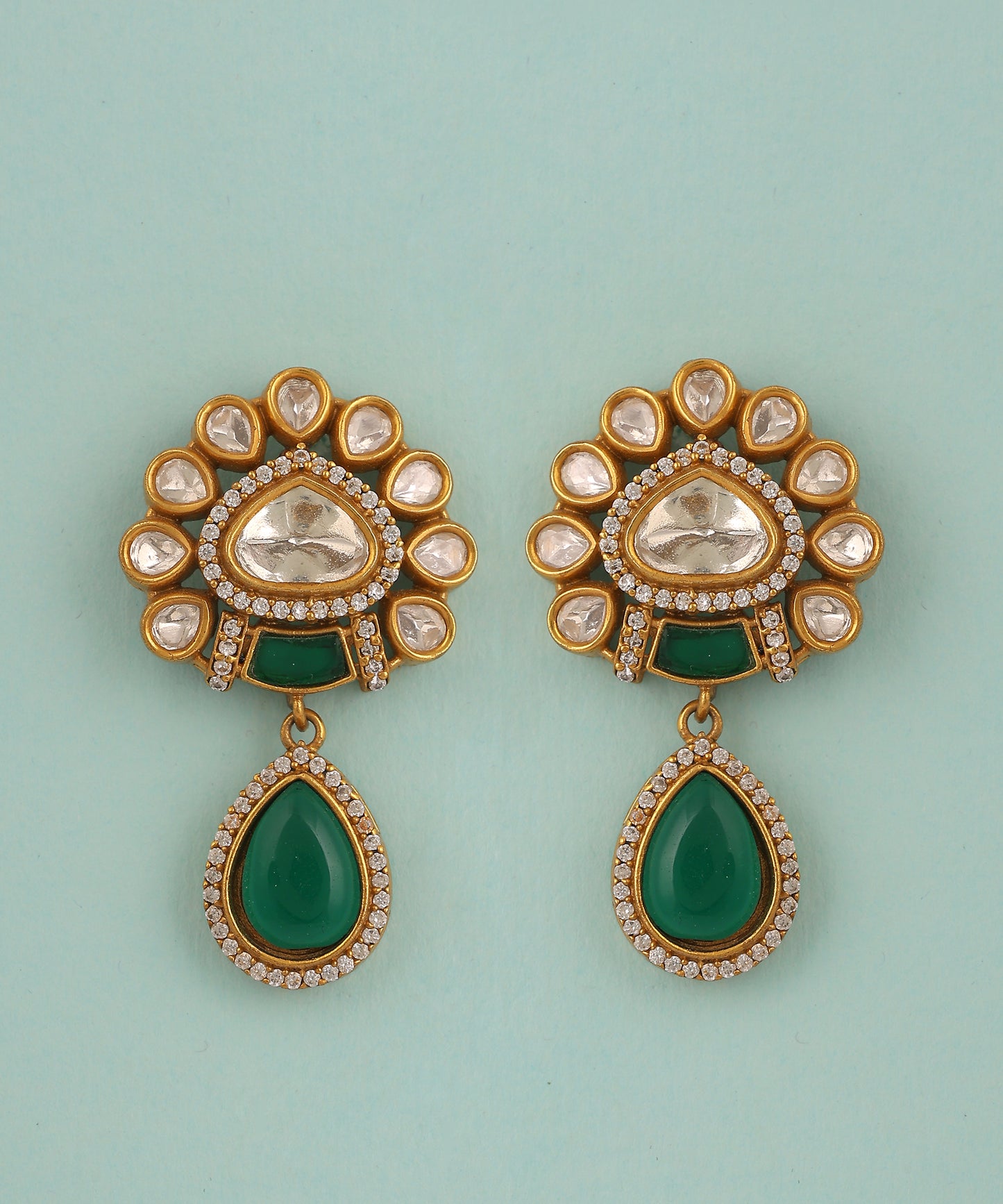 Polki Earrings With Emerald Drops
