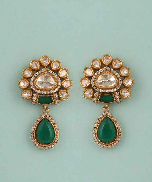 Polki Earrings With Emerald Drops