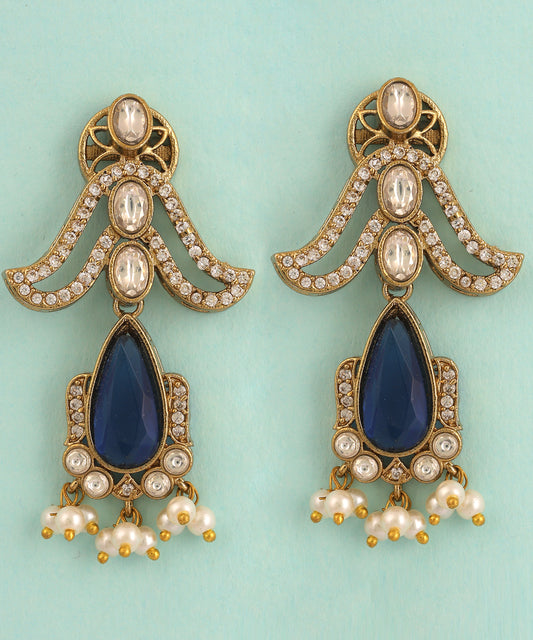 Polki And Pearl Drop Earrings With Sapphire Stone
