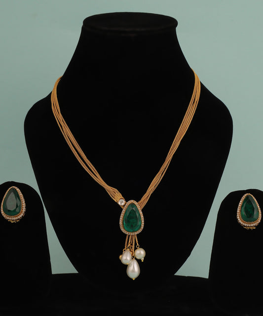 Multi Layered Chain Emerald And Pearl Drops Necklace