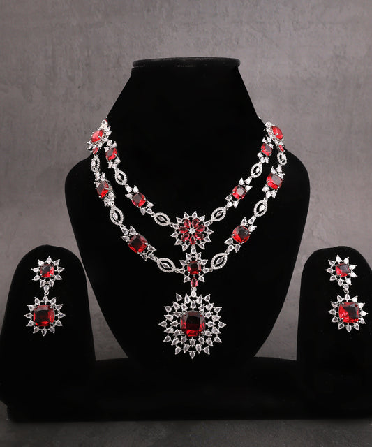 Ruby Double Layered Floral Artificial Diamond Necklace